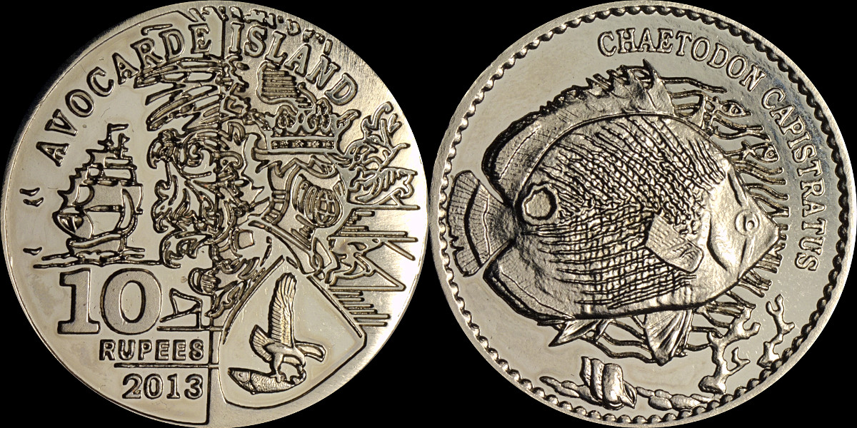 Avocarde Island 2013 10 rupees coin fish Chaetodon Capistratus 