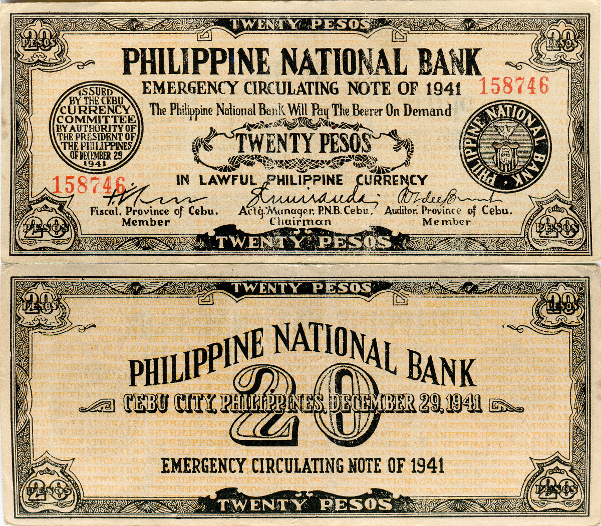 1941 P-S216 Emergency Notes WW II CEBU Circulated Philippines 5 Pesos